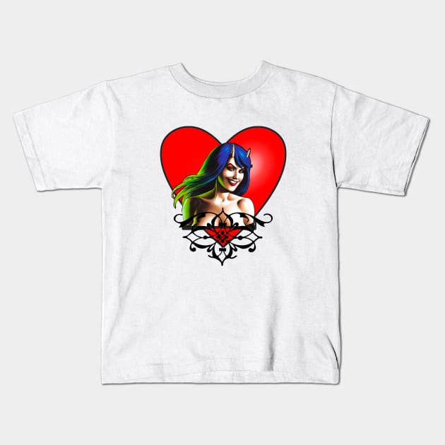 temptation girl with heart and horns Kids T-Shirt by Marccelus